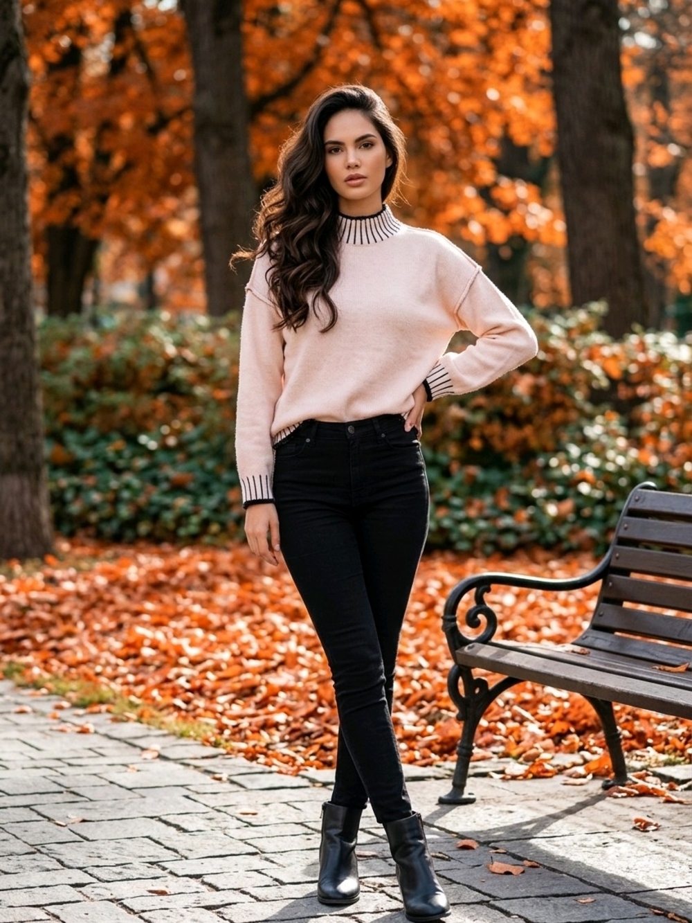 Cream Crewneck Sweater with Black Trim - Women's Sweater - Picture 10 of 15